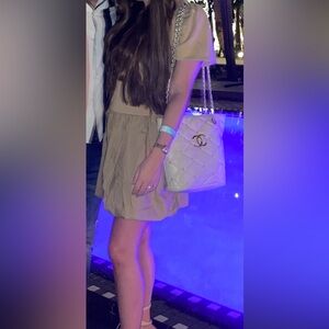 English Factory Tan Puff Sleeve Bubble Hem Mini Dress